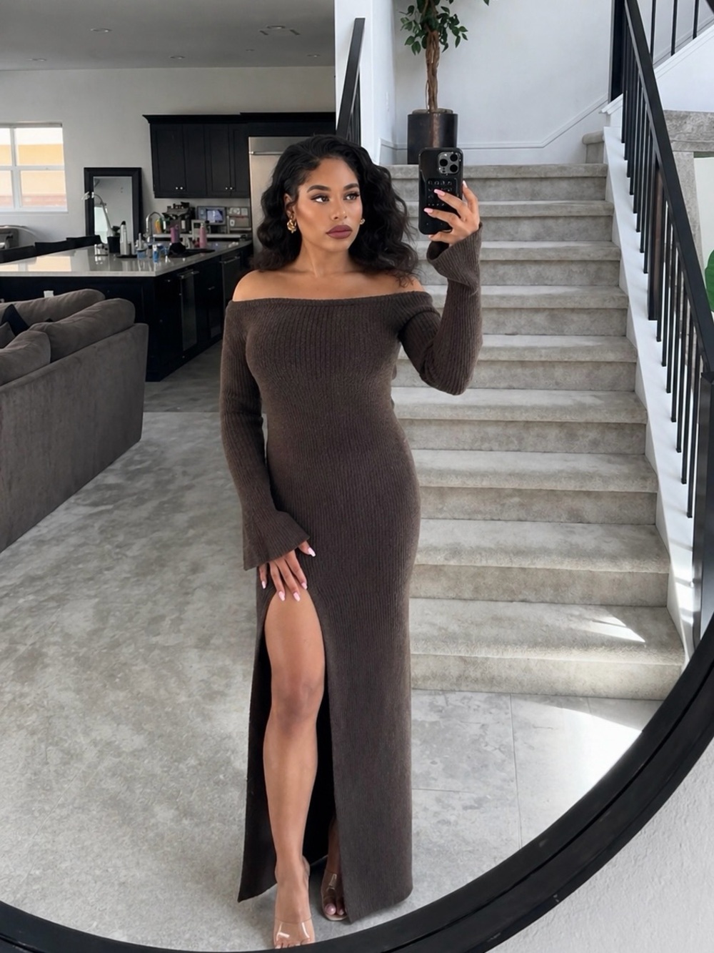 🇺🇸FIRM PRICE🇺🇸 House of CB LUCENA Espresso Knit Off Shoulder Dress